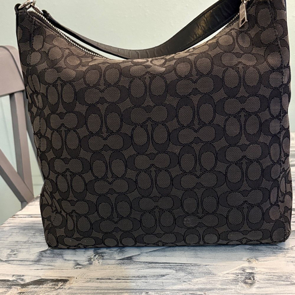 COACH Jacquard Leather Signature C Monogram Hobo Bag Shoulder Handbag BLACK GRAY - Picture 3 of 10